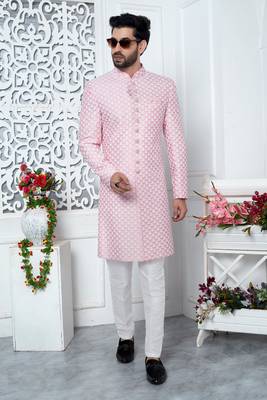 pinkcomputer thread work on art silk sherwani 1