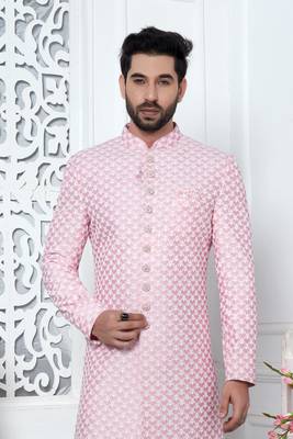 pinkcomputer thread work on art silk sherwani 2
