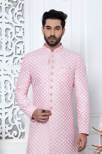 pinkcomputer thread work on art silk sherwani