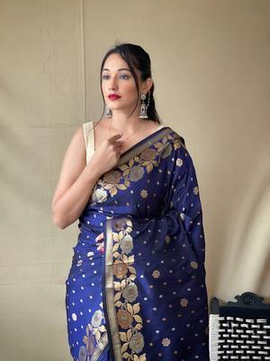 Navy-Blue Soft Silk Sarees With Gold Zari Weaving Saree,Blouse-not As Per Image 1