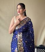 Navy-Blue Soft Silk Sarees With Gold Zari Weaving Saree,Blouse-not As Per Image