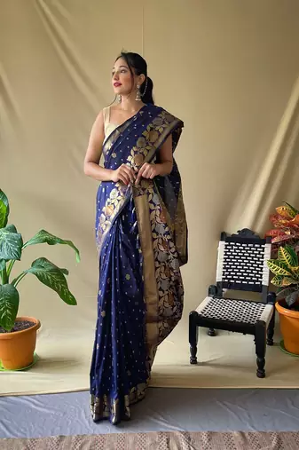 Navy-Blue Soft Silk Sarees With Gold Zari Weaving Saree,Blouse-not As Per Image