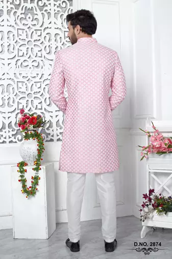 pinkcomputer thread work on art silk sherwani