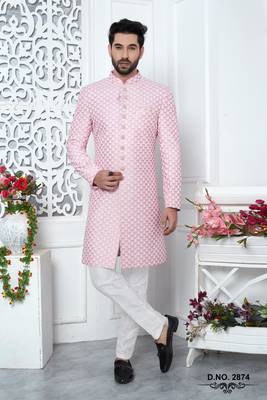 pinkcomputer thread work on art silk sherwani 4