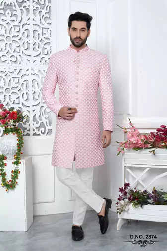 pinkcomputer thread work on art silk sherwani