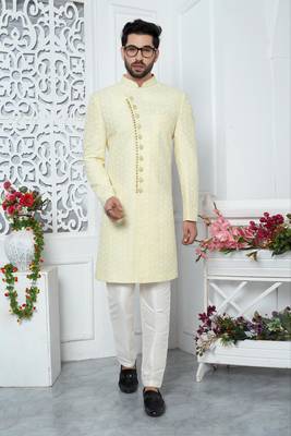 yellow computer thread work on art silk sherwani 1