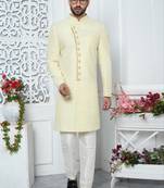 Yellow computer thread work on art silk indo-western