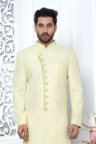 yellow computer thread work on art silk sherwani