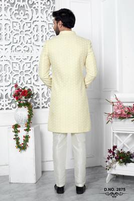 yellow computer thread work on art silk sherwani 3