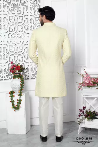yellow computer thread work on art silk sherwani