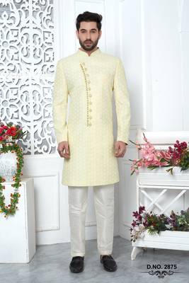 yellow computer thread work on art silk sherwani 4