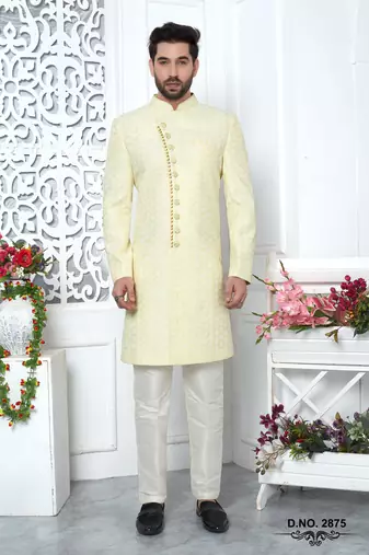 yellow computer thread work on art silk sherwani