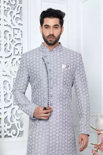 purple computer thread work on art silk sherwani