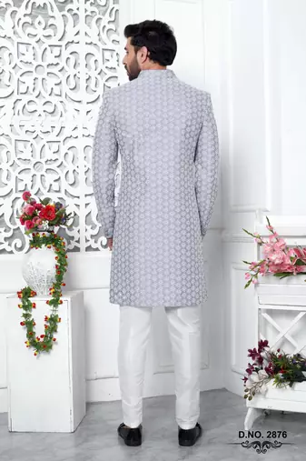 purple computer thread work on art silk sherwani