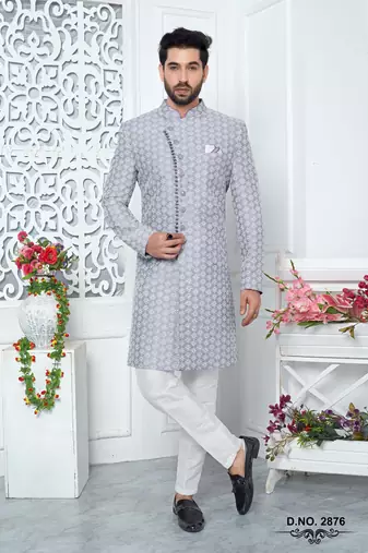 purple computer thread work on art silk sherwani
