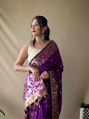 Purple Soft Silk Sarees With Gold Zari Weaving Saree,Blouse-not As Per Image 1