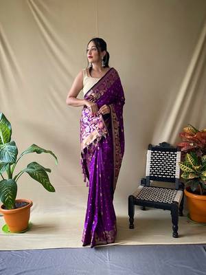 Purple Soft Silk Sarees With Gold Zari Weaving Saree,Blouse-not As Per Image 2