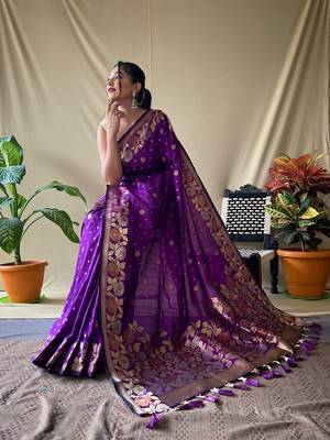 Purple Soft Silk Sarees With Gold Zari Weaving Saree,Blouse-not As Per Image 3