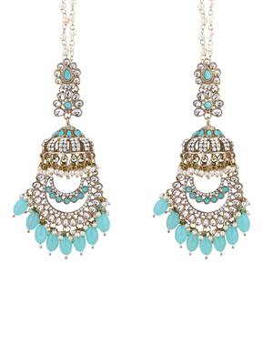 traditional kundan & pearl dangle jhumka earrings with attachable ear chain for women  5