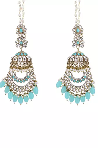 traditional kundan & pearl dangle jhumka earrings with attachable ear chain for women 
