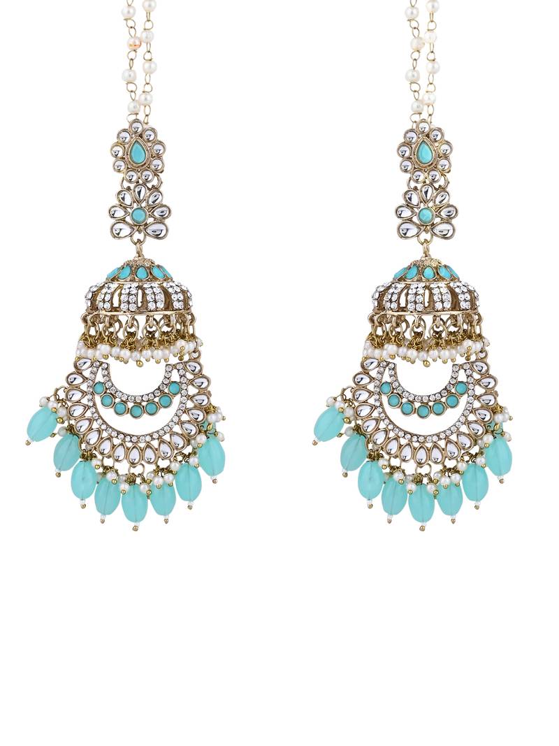traditional kundan & pearl dangle jhumka earrings with attachable ear chain for women 