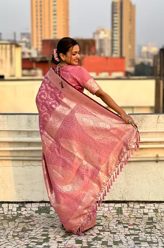Pink banarasi jaal satin silk pink zari woven saree