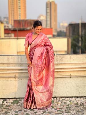 Pink banarasi jaal satin silk pink zari woven saree 3