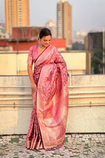 Pink banarasi jaal satin silk pink zari woven saree