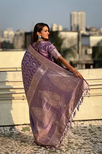 Lavender banarasi jaal satin silk pink zari woven saree