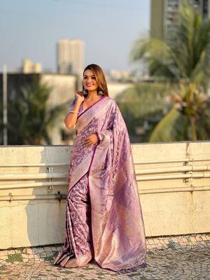 Lavender banarasi jaal satin silk pink zari woven saree 3