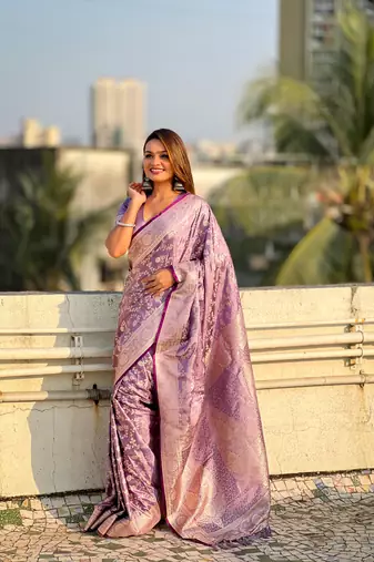 Lavender banarasi jaal satin silk pink zari woven saree