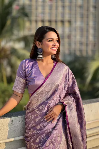 Lavender banarasi jaal satin silk pink zari woven saree