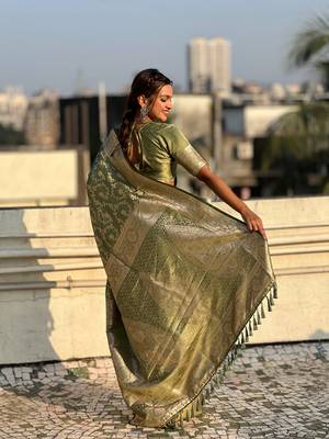 Green banarasi jaal satin silk pink zari woven saree 2