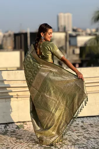 Green banarasi jaal satin silk pink zari woven saree