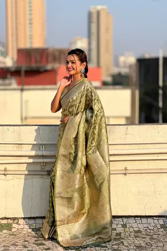 Green banarasi jaal satin silk pink zari woven saree