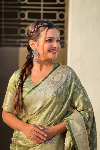 Green banarasi jaal satin silk pink zari woven saree