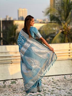 Butterfly blue banarasi jaal satin silk pink zari woven saree 2