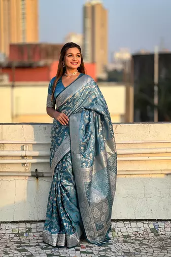 Butterfly blue banarasi jaal satin silk pink zari woven saree