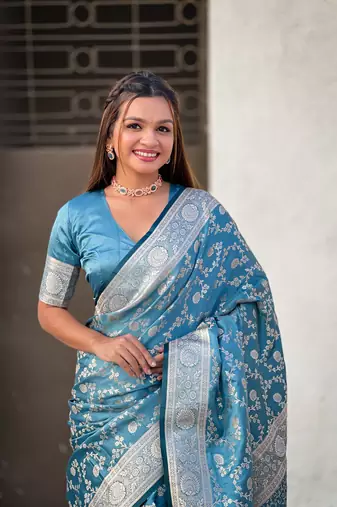 Butterfly blue banarasi jaal satin silk pink zari woven saree