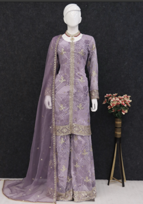 Light purple embroidered georgette palazzo suit 3