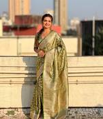 Green banarasi jaal satin silk pink zari woven saree