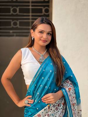Denim blue katki silk printed kalamkari saree with zari border 1