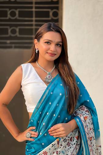 Denim blue katki silk printed kalamkari saree with zari border