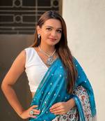 Denim blue katki silk printed kalamkari saree with zari border