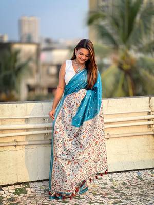 Denim blue katki silk printed kalamkari saree with zari border 2