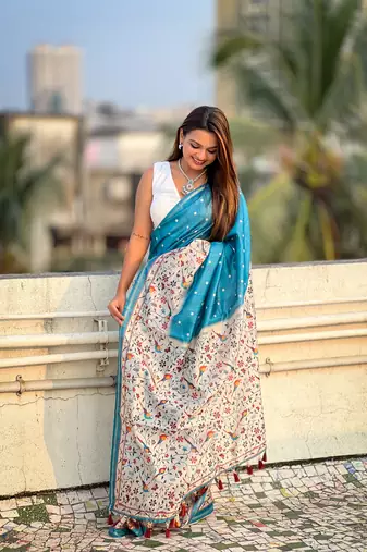 Denim blue katki silk printed kalamkari saree with zari border