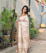 Mehendi assam silk floral printed saree with zari woven border