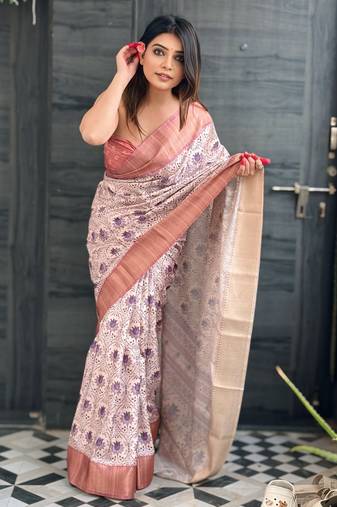 Lavender assam silk floral printed saree with zari woven border