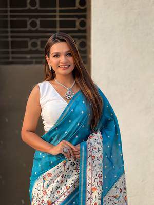 Denim blue katki silk printed kalamkari saree with zari border 3