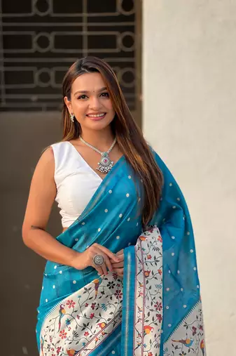 Denim blue katki silk printed kalamkari saree with zari border